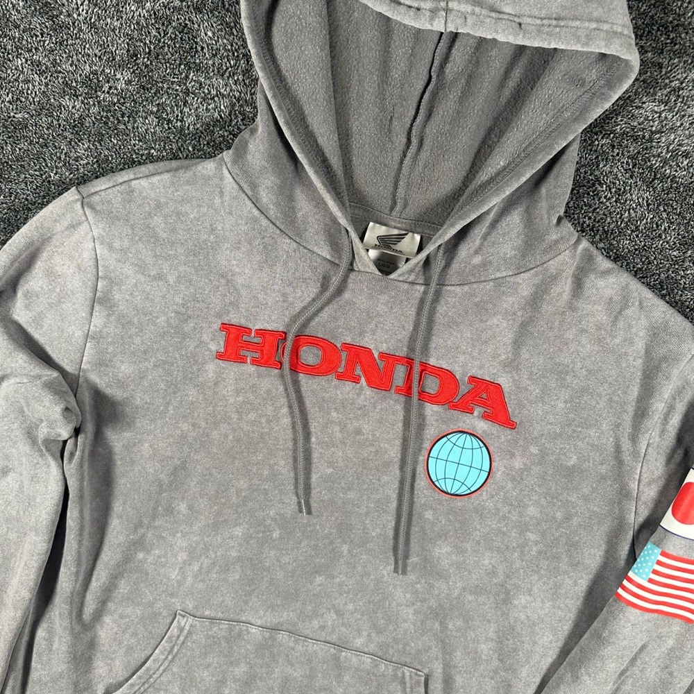 Honda Hoodie Mens Large Grey Racing Team Graphic Acid Wash Motorsports